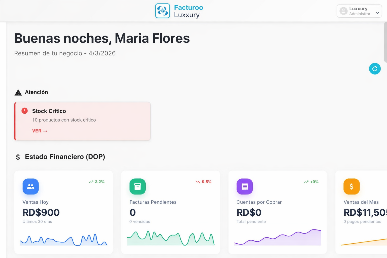 Panel de entrada de Facturoo